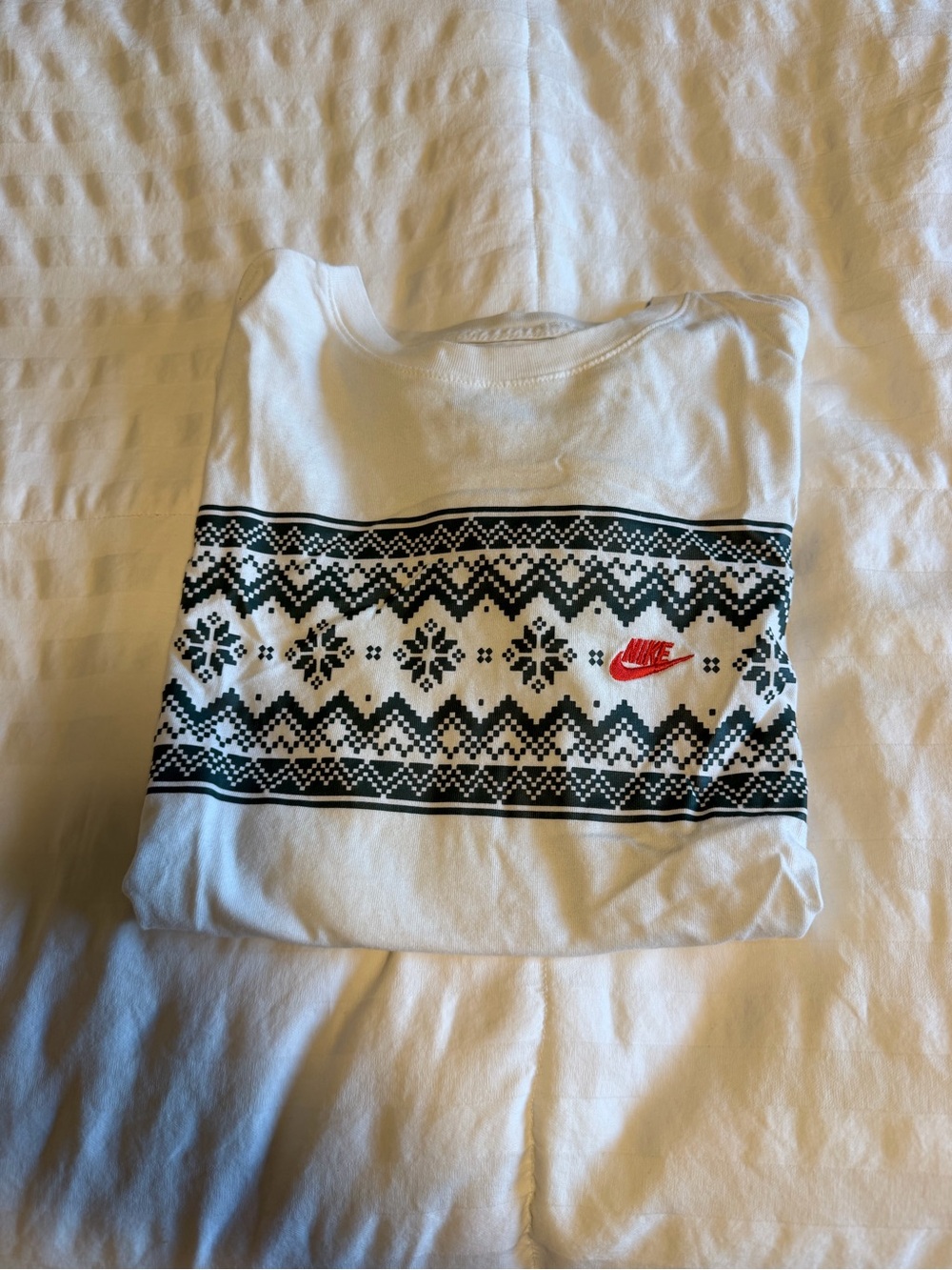 Nike White Crewneck Sweatshirt with Black Fair Isle Pattern and Red Swoosh
